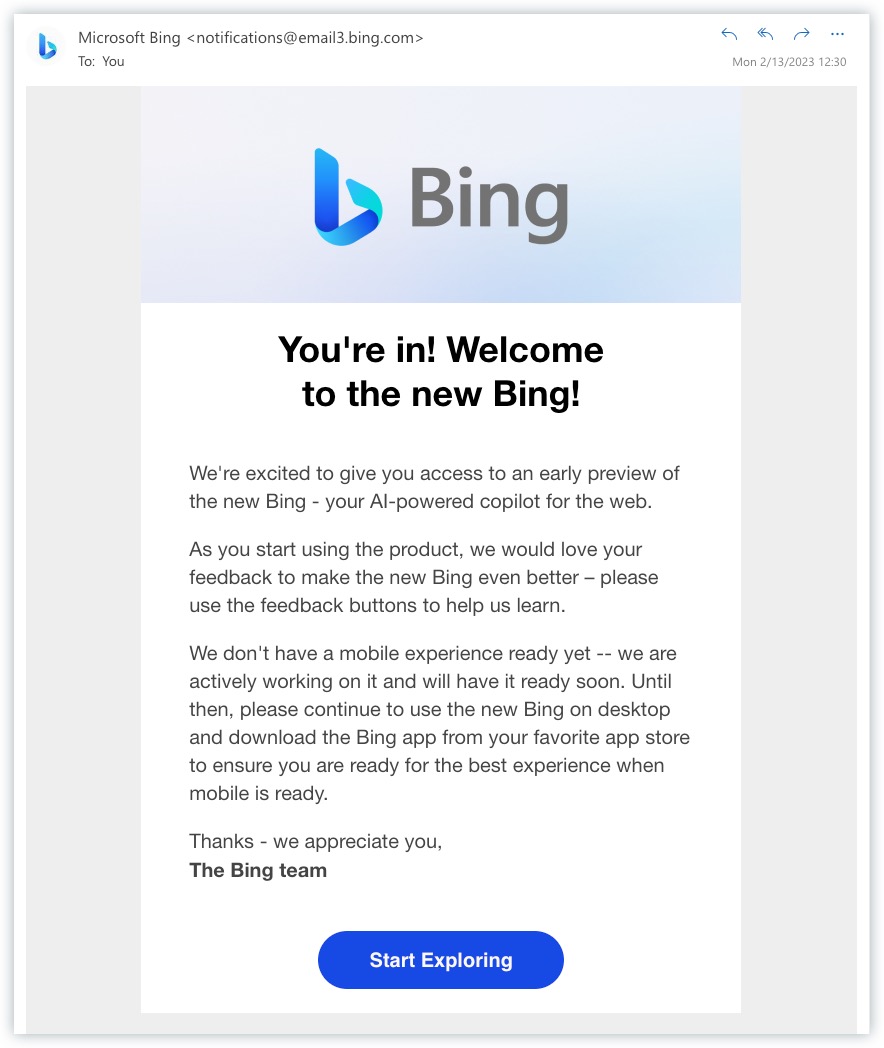 Microsoft Bing 邮件通知
